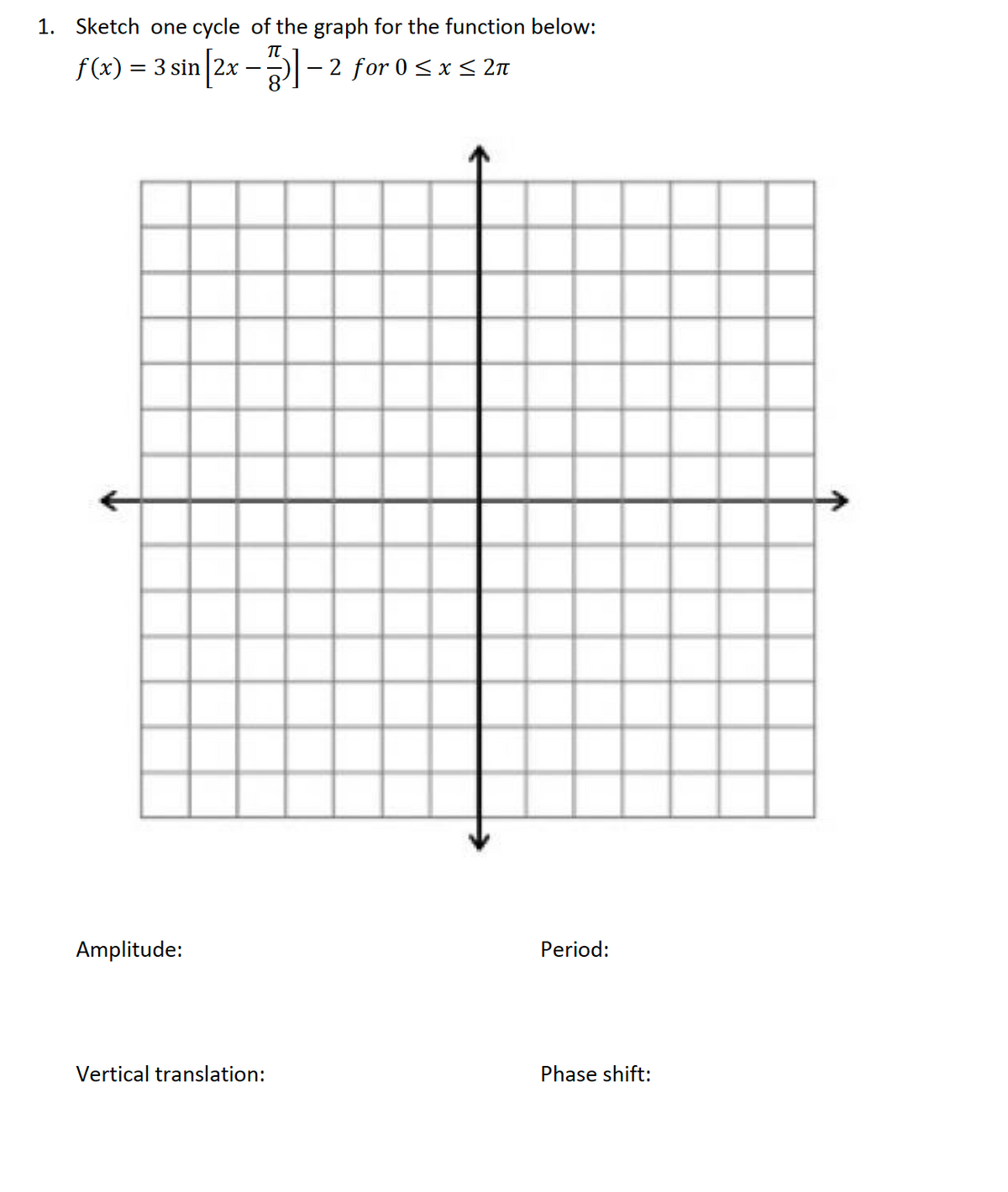 1. Sketch one cycle of the graph for the function below:
TT
f(x) = 3 sin 2x -) - 2 for 0<x< 2n
Amplitude:
Period:
Vertical translation:
Phase shift:
