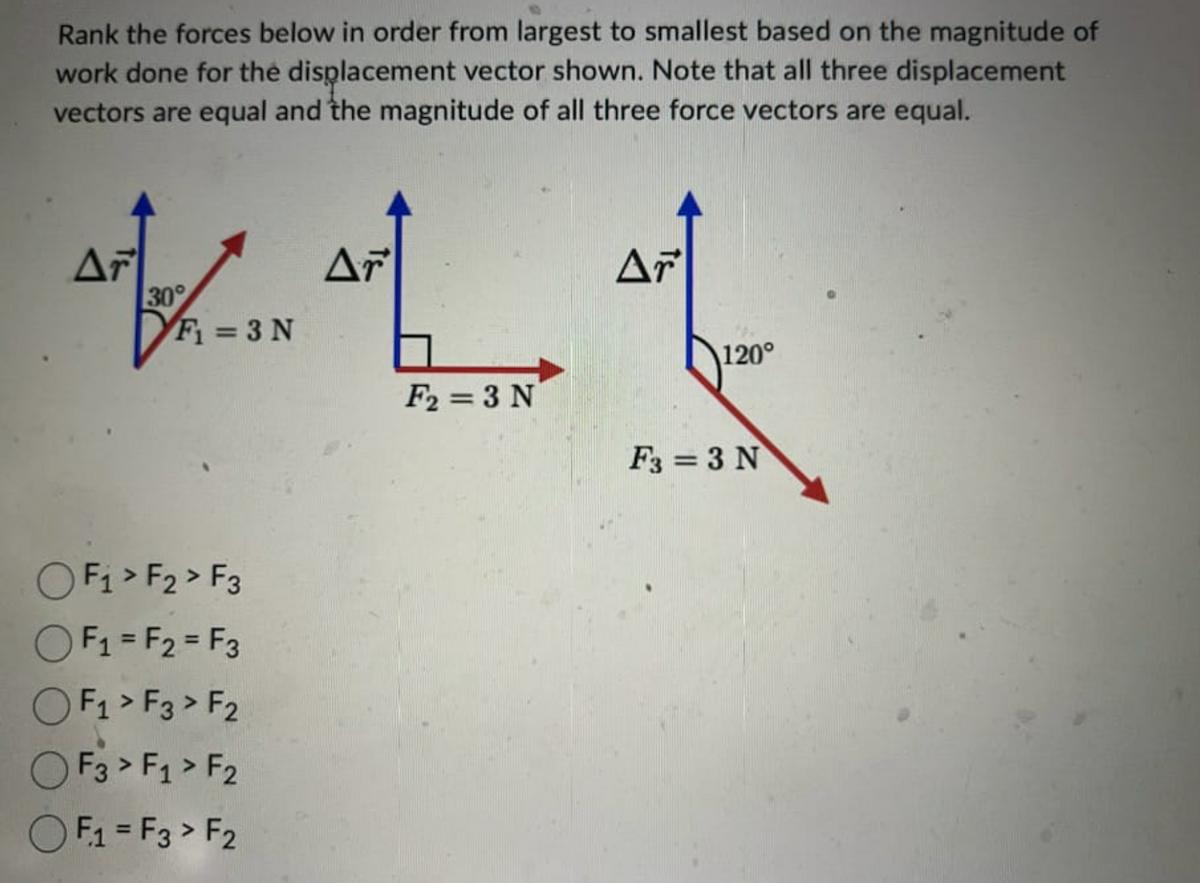 Rank the forces below in order from largest to smallest based on the magnitude of
work done for the displacement vector shown. Note that all three displacement
vectors are equal and the magnitude of all three force vectors are equal.
AF/A-18
Ar
30°
F₁ =3 N
F₁
F2 F3
F1 = F2 = F3
F1 > F3 > F2
F3 > F1 > F2
F₁ = F3 > F₂
Ar
F2=3 N
f
Ar
120°
F3 = 3 N