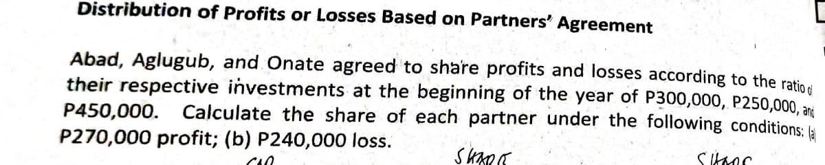 Distribution of Profits or Losses Based on Partners' Agreement
Abad, Aglugub, and Onate agreed to share profits and losses according to the ratins
their respective investments at the beginning of the year of P300,000, P250,000. a
P450,000. Calculate the share of each partner under the following conditions:
P270,000 profit; (b) P240,000 loss.
