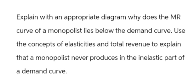 Explain with an appropriate diagram why does the MR
curve of a monopolist lies below the demand curve. Use
the concepts of elasticities and total revenue to explain
that a monopolist never produces in the inelastic part of
a demand curve.