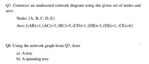 Q7. Construct an undirected retwork diagram using the given set of nodes and
arcs:
Nodes {A, B, C, D, E}
Arcs (AB)=1, (AC)=3, (BC)=5, (CD)=1,(DB)=3,(DE)=1, (CE)=6}
Q8. Using the network graph from Q7, draw
a) A tree
b) A spanning tree
