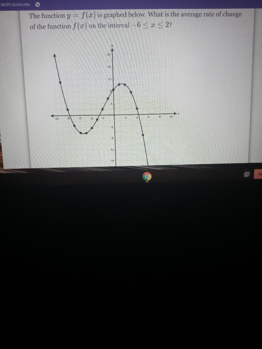 WCPS QuickLinks
The function y = f(x) is graphed below. What is the average rate of change
of the function f(x) on the interval -6 < x < 2?
-10
-8
-6
-4
16
-12
-16
6
8
10
Si