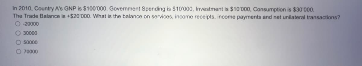 In 2010, Country A's GNP is $100'000. Government Spending is $10'000, Investment is $10'000, Consumption is $30'000.
The Trade Balance is +$20'000. What is the balance on services, income receipts, income payments and net unilateral transactions?
O-20000
30000
O 50000
70000