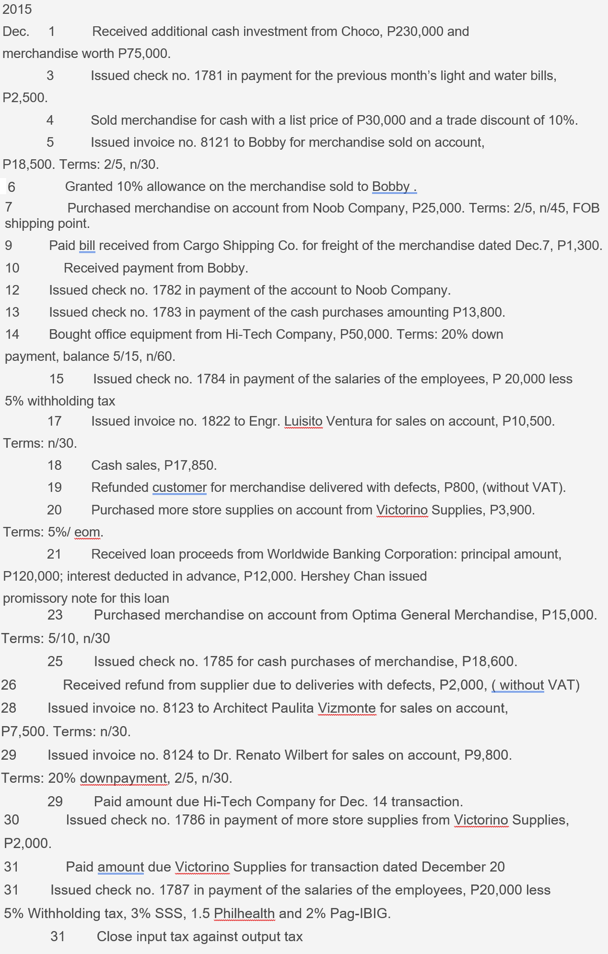 2015
Dec.
1
Received additional cash investment from Choco, P230,000 and
merchandise worth P75,000.
3
Issued check no. 1781 in payment for the previous month's light and water bills,
P2,500.
4
Sold merchandise for cash with a list price of P30,000 and a trade discount of 10%.
5
Issued invoice no. 8121 to Bobby for merchandise sold on account,
P18,500. Terms: 2/5, n/30.
Granted 10% allowance on the merchandise sold to Bobby .
7
Purchased merchandise on account from Noob Company, P25,000. Terms: 2/5, n/45, FOB
shipping point.
Paid bill received from Cargo Shipping Co. for freight of the merchandise dated Dec.7, P1,300.
10
Received payment from Bobby.
12
Issued check no. 1782 in payment of the account to Noob Company.
13
Issued check no. 1783 in payment of the cash purchases amounting P13,800.
14
Bought office equipment from Hi-Tech Company, P50,000. Terms: 20% down
payment, balance 5/15, n/60.
15
Issued check no. 1784 in payment of the salaries of the employees, P 20,000 less
5% withholding tax
17
Issued invoice no. 1822 to Engr. Luisito Ventura for sales on account, P10,500.
Terms: n/30.
18
Cash sales, P17,850.
19
Refunded customer for merchandise delivered with defects, P800, (without VAT).
20
Purchased more store supplies on account from Victorino Supplies, P3,900.
Terms: 5%/ eom.
21
Received loan proceeds from Worldwide Banking Corporation: principal amount,
P120,000; interest deducted in advance, P12,000. Hershey Chan issued
promissory note for this loan
23
Purchased merchandise on account from Optima General Merchandise, P15,000.
Terms: 5/10, n/30
25
Issued check no. 1785 for cash purchases of merchandise, P18,600.
26
Received refund from supplier due to deliveries with defects, P2,000, ( without VAT)
28
Issued invoice no. 8123 to Architect Paulita Vizmonte for sales on account,
P7,500. Terms: n/30.
29
Issued invoice no. 8124 to Dr. Renato Wilbert for sales on account, P9,800.
Terms: 20% downpayment, 2/5, n/30.
29
Paid amount due Hi-Tech Company for Dec. 14 transaction.
Issued check no. 1786 in payment of more store supplies from Victorino Supplies,
30
P2,000.
31
Paid amount due Victorino Supplies for transaction dated December 20
31
Issued check no. 1787 in payment of the salaries of the employees, P20,000 less
5% Withholding tax, 3% SSS, 1.5 Philhealth and 2% Pag-IBIG.
31
Close input tax against output tax
