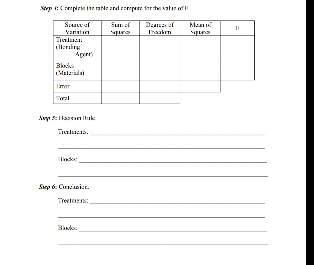 Step 4: Complete the table and compute for the value of F.
Mean of
Source of
Variation
Sum of
Degrees of
Freedom
F
Squares
Squares
Treatment
(Bonding
Agent)
Blocks
(Materials)
Error
Total
Step 5: Decision Rule.
Treatments:
Blocks:
Step 6: Conclusion.
Treatments:
Blocks:
