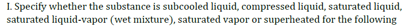 I. Specify whether the substance is subcooled liquid, compressed liquid, saturated liquid,
saturated liquid-vapor (wet mixture), saturated vapor or superheated for the following
