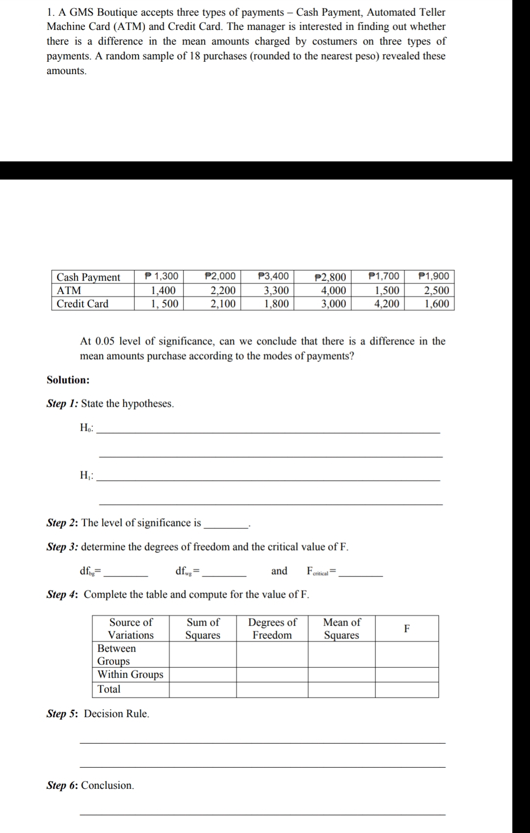 1. A GMS Boutique accepts three types of payments – Cash Payment, Automated Teller
Machine Card (ATM) and Credit Card. The manager is interested in finding out whether
there is a difference in the mean amounts charged by costumers on three types of
payments. A random sample of 18 purchases (rounded to the nearest peso) revealed these
amounts.
P3,400
P 1,300
1,400
1, 500
Cash Payment
P2,000
P1,700
P1,900
2,200
2,100
P2,800
4,000
3,000
1,500
4,200
2,500
1,600
ATM
3,300
1,800
Credit Card
At 0.05 level of significance, can we conclude that there is a difference in the
mean amounts purchase according to the modes of payments?
Solution:
Step 1: State the hypotheses.
Ho:
H;:
Step 2: The level of significance is
Step 3: determine the degrees of freedom and the critical value of F.
df=
dfwg =
and
critical
Step 4: Complete the table and compute for the value of F.
Degrees of
Freedom
Source of
Sum of
Mean of
F
Variations
Squares
Squares
Between
Groups
Within Groups
Total
Step 5: Decision Rule.
Step 6: Conclusion.
