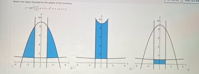 Sketch the region bounded by the graphs of the functions.
- sec"(), v - 9 - x?, x- -1, * - 1
ALA
1아
10
10
