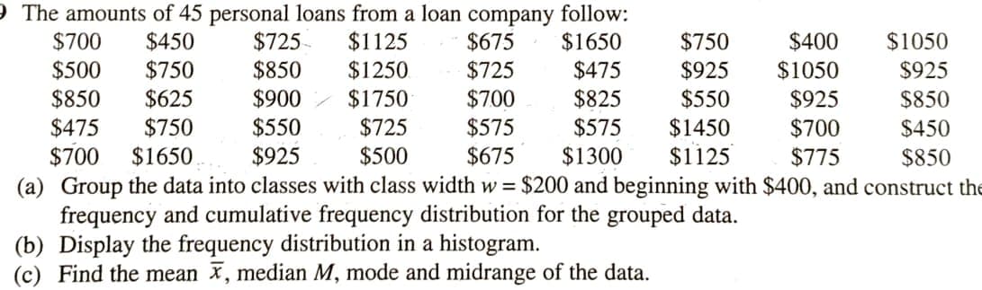 9 The amounts of 45 personal loans from a loan company follow:
$725
$850
$900
$550
$925
$450
$750
$625
$750
$1650
$1125
$1050
$925
$700
$675
$1650
$750
$400
$1050
$475
$825
$500
$1250
$725
$925
$700
$575
$675
$850
$475
$700
(a) Group the data into classes with class width w = $200 and beginning with $400, and construct the
frequency and cumulative frequency distribution for the grouped data.
(b) Display the frequency distribution in a histogram.
(c) Find the mean x, median M, mode and midrange of the data.
$1750
$725
$550
$925
$850
$575
$1450
$700
$450
$500
$1300
$1125
$775
$850
