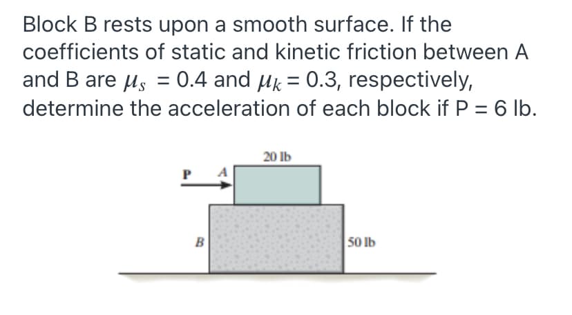 Block B rests upon a smooth surface. If the
coefficients of static and kinetic friction between A
and B are us = 0.4 and Hk = 0.3, respectively,
%3D
determine the acceleration of each block if P = 6 lb.
20 Ib
B
50 lb
