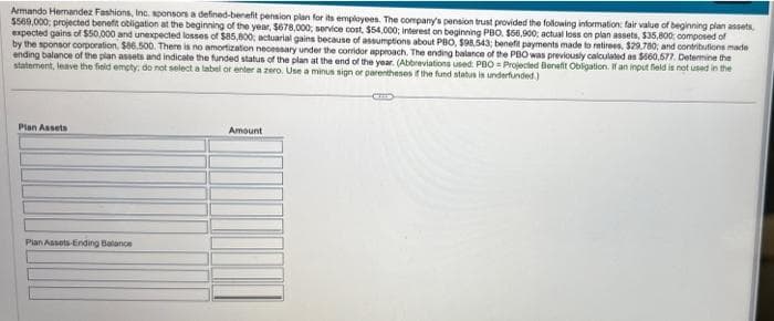 Armando Hernandez Fashions, Inc. sponsors a defined-benefit pension plan for its employees. The company's pension trust provided the following information: fair value of beginning plan assets.
$569,000: projected benefit obligation at the beginning of the year, $678,000, service cost, $54,000; interest on beginning PBO. $56,900; actual loss on plan assets, $35,800, composed of
expected gains of $50,000 and unexpected losses of $85,800; actuarial gains because of assumptions about PBO, $98,543; benefit payments made to retirees, $29.780; and contributions made
by the sponsor corporation, $86.500. There is no amortization necessary under the corridor approach. The ending balance of the PBO was previously calculated as $660,577. Determine the
ending balance of the plan assets and indicate the funded status of the plan at the end of the year. (Abbreviations used: PBO = Projected Benefit Obligation. If an input field is not used in the
statement, leave the field empty; do not select a label or enter a zero. Use a minus sign or parentheses if the fund status is underfunded.)
Plan Assets
Pian Assets Ending Balance
Amount