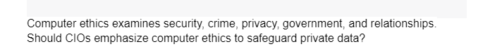 Computer ethics examines security, crime, privacy, government, and relationships.
Should CIOs emphasize computer ethics to safeguard private data?