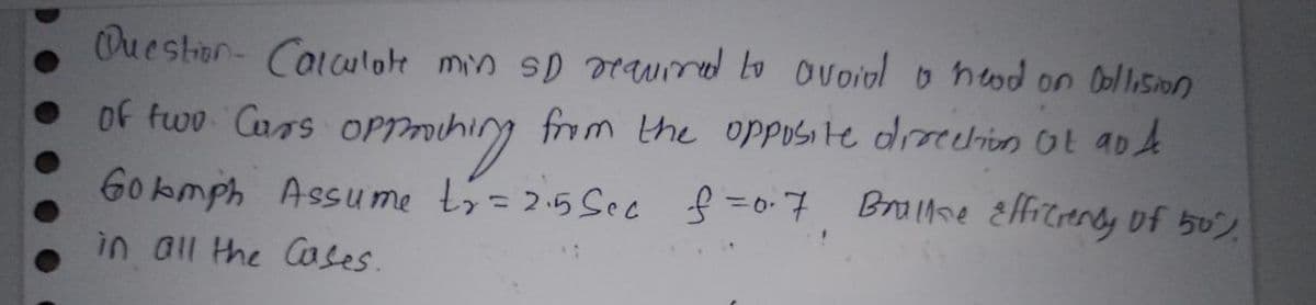 Ouestion- Calulote min sD orauirdo ovoiol o heod on Oolli5on
Of fwo Cars
s oPproching from the opposite drrechin Ot aod
Gokmph Assu me t=2.5 Sec f =0-7 Brol1se Efficrendy of 5o
in all the Cases.
%3D
