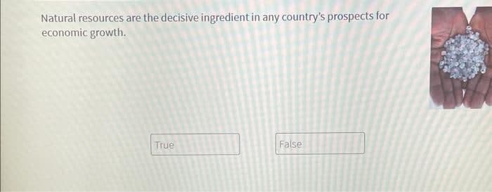 Natural resources are the decisive ingredient in any country's prospects for
economic growth.
True
False
