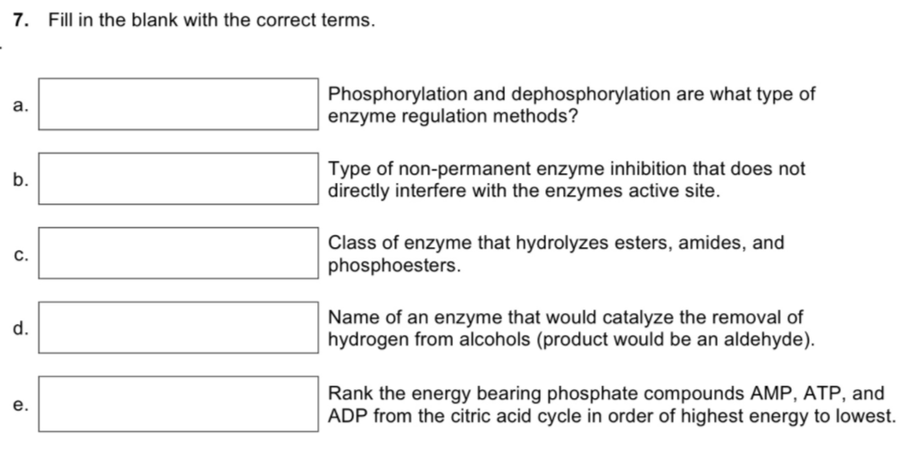 7. Fill in the blank with the correct terms.
Phosphorylation and dephosphorylation are what type of
enzyme regulation methods?
а.
Type of non-permanent enzyme inhibition that does not
directly interfere with the enzymes active site.
Class of enzyme that hydrolyzes esters, amides, and
phosphoesters.
C.
Name of an enzyme that would catalyze the removal of
hydrogen from alcohols (product would be an aldehyde).
d.
Rank the energy bearing phosphate compounds AMP, ATP, and
ADP from the citric acid cycle in order of highest energy to lowest.
b.
e.
