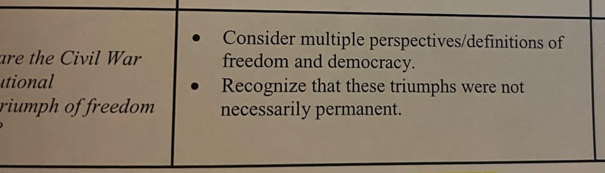 are the Civil War
itional
riumph of freedom
Consider multiple perspectives/definitions of
freedom and democracy.
Recognize that these triumphs were not
necessarily permanent.