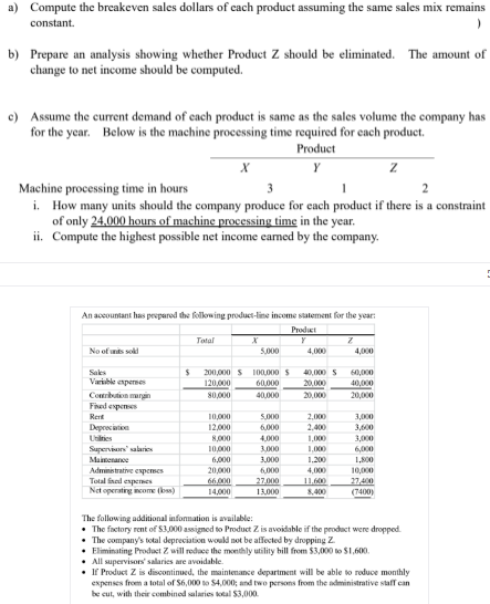 a) Compute the breakeven sales dollars of cach product assuming the same sales mix remains
constant.
b) Prepare an analysis showing whether Product Z should be eliminated. The amount of
change to net income should be computed.
c) Assume the current demand of cach product is same as the sales volume the company has
for the year. Below is the machine processing time required for cach product.
Product
Machine processing time in hours
i. How many units should the company produce for each product if there is a constraint
of only 24.000 hours of machine processing time in the year.
ii. Compute the highest possible net income camed by the company.
3
2
An accountant has prepared the folowing product-line income statement for the year:
Product
Tatal
No of mts sokd
5,000
4,000
4,000
Saks
Varible enpermes
200,000 S
120,000
100,000 S
60.000
40,000 S
20,000
60,000
40,000
20,000
Cotribution mangin
80,000
40,000
20,000
Fihed expenses
Rert
Depreciin
10,000
12,000
8,000
5.000
6,000
2,000
2,400
3,000
3,600
3,000
Ulries
4,000
1,000
Supervian' salarie
10,000
3.000
1,000
6,000
Mainenance
Administrative expemes
Total nad expemes
Net operating ncome (bss)
6,000
20,000
3.000
1,200
1,800
10,000
27400
6,000
4,000
66.000
27.000
11,600
14,000
13.000
8,400
(7400)
The following additional infonmation is available:
• The factory rent of S3,000 assigned to Product Z is avoidable if the product were dropped.
• The company's total depreciation would not be affected by dropping Z.
• Eliminating Product Z will reduce the monthly utility bill from $3,000 to $1,600.
All supervisons salaries are avoidable.
If Product Z is discontinued, the maintemance department will be able to roduce monthly
expenses from a total of S6,000 to S4,000; and two persons from the administrative staff can
be cut, with their combined salaries total $3,000.
