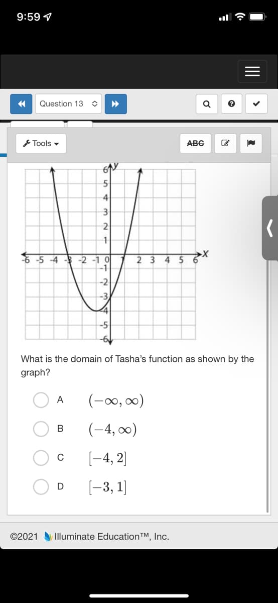 9:59 7
Question 13
Tools -
ABC
4
2
-5 -4 - -2 -1 0
2 3
456X
-2
What is the domain of Tasha's function as shown by the
graph?
(-00, 00)
A
(-4, 0)
В
[-4, 2]
[-3, 1]
©2021 Illuminate Education™, Inc.
II
<>
