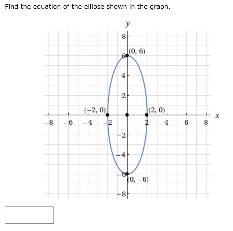 Find the equation of the ellipse shown in the graph.
y
8-
(0, 6)
4
2-
(-2, 0)
(2, 0)
X
-8
-6
-4
4
6.
8
-2
-4
(0, -6)
-8-
