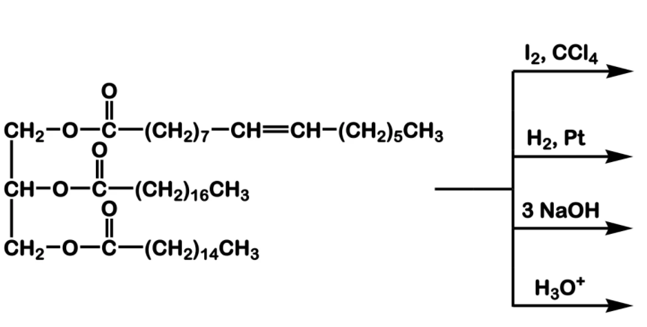 12, CCI4
CH2-0-C-(CH2)7-CH=CH-(CH2)5CH3
На, Pt
CH-0-C-(CH2)16CH3
3 NaOH
ČH2-0-č-(CH2)14CH3
H30*
