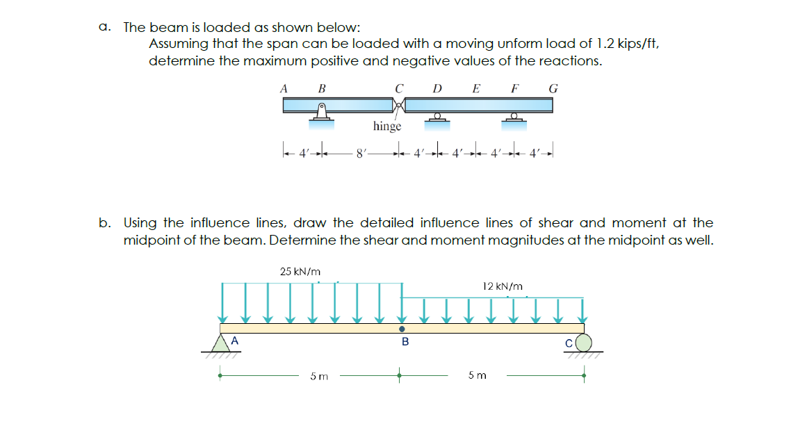 a. The beam is loaded as shown below:
Assuming that the span can be loaded with a moving unform load of 1.2 kips/ft,
determine the maximum positive and negative values of the reactions.
A
E
F
+4²
B
25 kN/m
8'
5m
hinge
D
O
B
4²-4²- 4'
b. Using the influence lines, draw the detailed influence lines of shear and moment at the
midpoint of the beam. Determine the shear and moment magnitudes at the midpoint as well.
4'-
G
12 kN/m
ming
5 m