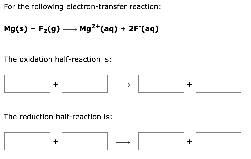 For the following electron-transfer reaction:
Mg(s) + F₂(g) →→ Mg2+ (aq) + 2F¯(aq)
The oxidation half-reaction is:
The reduction half-reaction is:
+
+
+