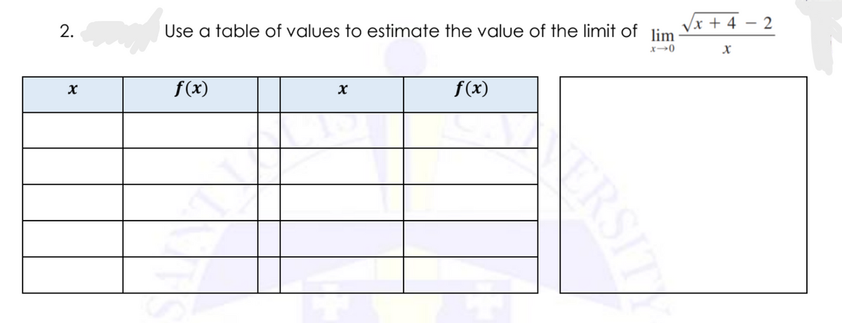 Vx + 4
2
2.
Use a table of values to estimate the value of the limit of lim
x→0
X
f(x)
f(x)
FRSIT
