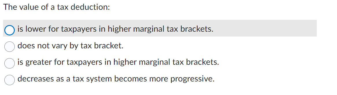 The value of a tax deduction:
is lower for taxpayers in higher marginal tax brackets.
does not vary by tax bracket.
is greater for taxpayers in higher marginal tax brackets.
decreases as a tax system becomes more progressive.