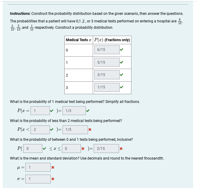 Instructions: Construct the probability distribution based on the given scenario, then answer the questions.
The probabilities that a patient will have 0,1 ,2,or 3 medical tests performed on entering a hospital are
, and respectively. Construct a probability distribution.
Medical Tests a P(x) (Fractions only)
6/15
1
5/15
2
3/15
3
1/15
What is the probability of 1 medical test being performed? Simplify all fractions.
P(x = 1
1/3
What is the probability of less than 2 medical tests being performed?
P(x < 2
v )= 1/5
What is the probability of between 0 and 1 tests being performed, inclusive?
P( 0
v <a < 0
x )= 2/15
What is the mean and standard deviation? Use decimals and round to the nearest thousandth.
1
O =
1
