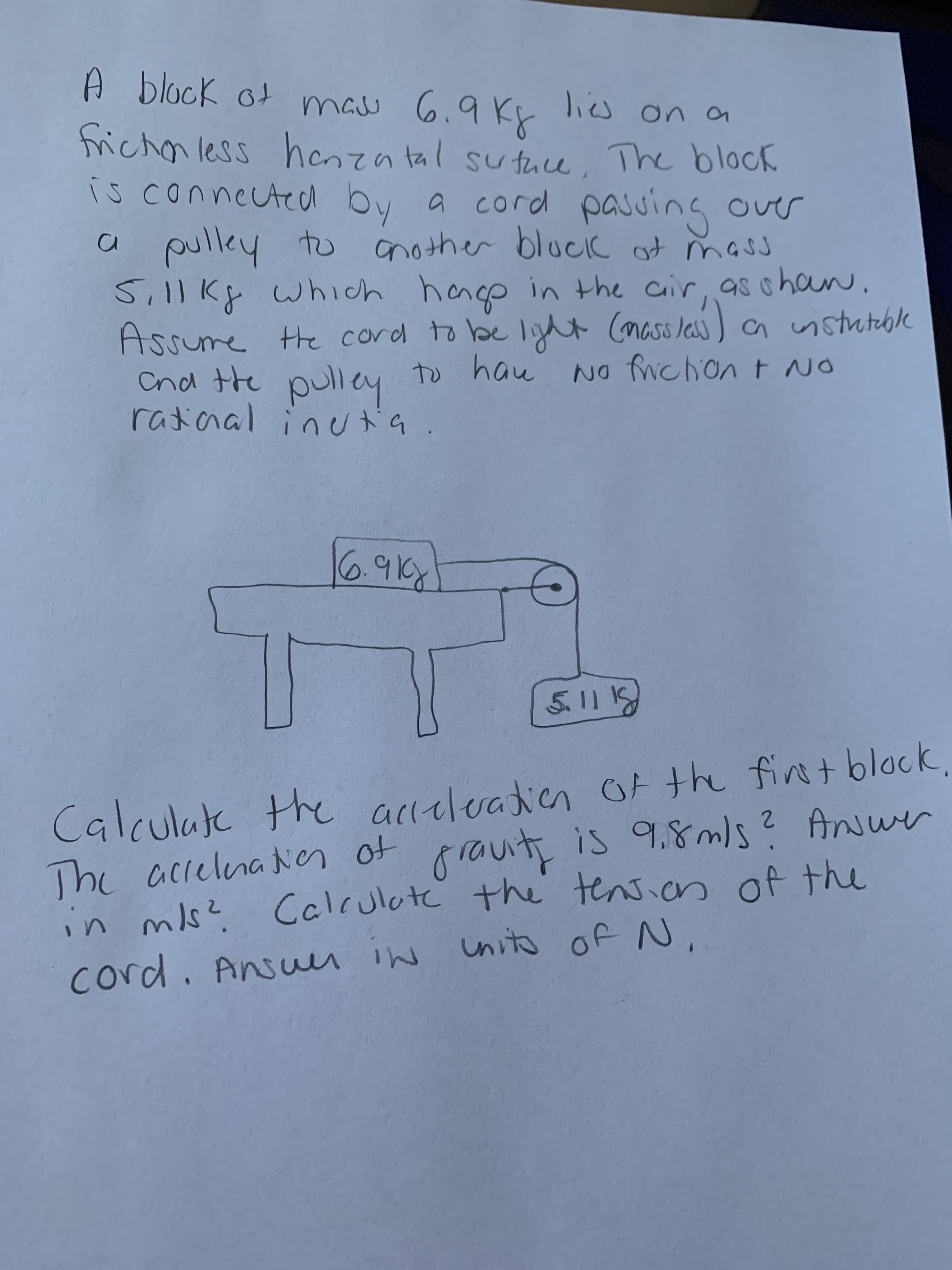 A block ot
mau
lies
is connected by a cord pasuing over
ו
in the cir, asohan
a pulley to another block ot mas
Sillky which hange .
hlly
Assume ss) a nstuteble
Cnd the y to hau
the cord to be lyht (nass la
pulley
No fichonE NO
b ! のり
Bl
Calculate the acceleradien Of the finst black.
The acrelna Nen of prauit is 9.8m)s? Awer
Calculutc the tensian of the
in mis? Calculote of the
inito
OR
Mi msu'
