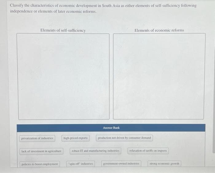 Classify the characteristics of economic development in South Asia as either elements of self-sufficiency following
independence or elements of later economic reforms.
Elements of self-sufficiency
privatization of industries.
lack of investment in agriculture
policies to boost employment
high-priced exports
Answer Bank
"spin-off" industries
robust IT and manufacturing industries
Elements of economic reforms
production not driven by consumer demand
relaxation of tariffs on imports
government-owned industries.
strong economic growth