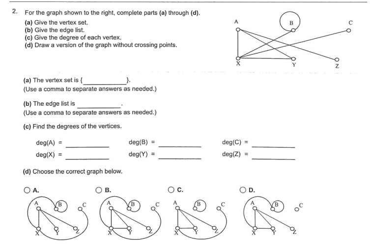 2. For the graph shown to the right, complete parts (a) through (d).
(a) Give the vertex set.
(b) Give the edge list.
(c) Give the degree of each vertex.
(d) Draw a version of the graph without crossing points.
B
(a) The vertex set is {
(Use a comma to separate answers as needed.)
(b) The edge list is
(Use a comma to separate answers as needed.)
(c) Find the degrees of the vertices.
deg(A) =
deg(B) =
deg(C) =
deg(X) =
deg(Y) =
deg(Z)
%3D
(d) Choose the correct graph below.
O A.
В.
Oc.
B.
A
(B
B
ON
