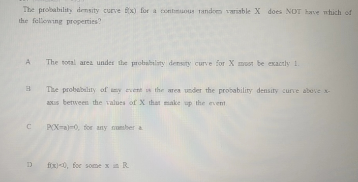 The probability density curve f(x) for a continuous random variable X does NOT have which of
the following properties?
A The total area under the probability density curve for X must be exactly 1.
B The probability of any event is the area under the probability density curve above x-
axis between the values of X that make up the event.
CP(X=a)=0, for any number a.
D f(x) <0, for some x in R