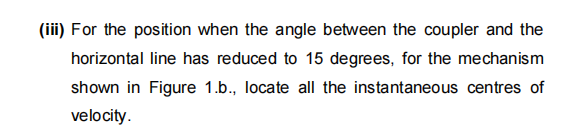 (iii) For the position when the angle between the coupler and the
horizontal line has reduced to 15 degrees, for the mechanism
shown in Figure 1.b., locate all the instantaneous centres of
velocity.