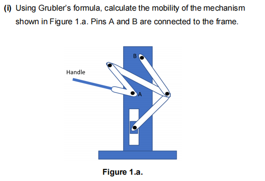 (i) Using Grubler's formula, calculate the mobility of the mechanism
shown in Figure 1.a. Pins A and B are connected to the frame.
Handle
피
Figure 1.a.