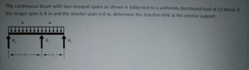 The continuous beam with two unequal spans as shown is subjected to a uniformly distributed load of 12 kN/m. If
the longer span is 8 m and the shorter span is 6 m, determine the reaction (kN) at the interior support.
R,
R.
R,

