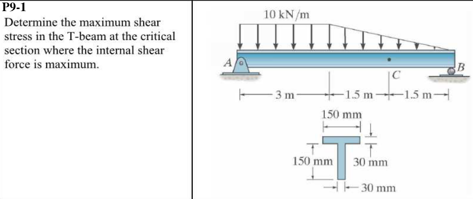 Р9-1
10 kN/m
Determine the maximum shear
stress in the T-beam at the critical
section where the internal shear
force is maximum.
A
|C
3 m
-1.5 m 1.5 m-
150 mm
150 mm
30 mm
30 mm
