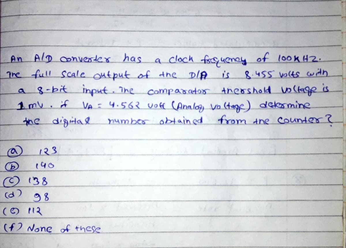 An AlD converter has
full Scale output of the DIA
8-bit input. ine
a clock fasuenay of 100k H2.
8.455 volts with
The
is
comparator thershold Vo(tage is
VA = 4.562 voff (Analoy vo (tage) delermine
from the counter?
1mv. if
the digital
number obtain ed
@)
123
140
O 138
(d)
98
() 112
(f) None of these.

