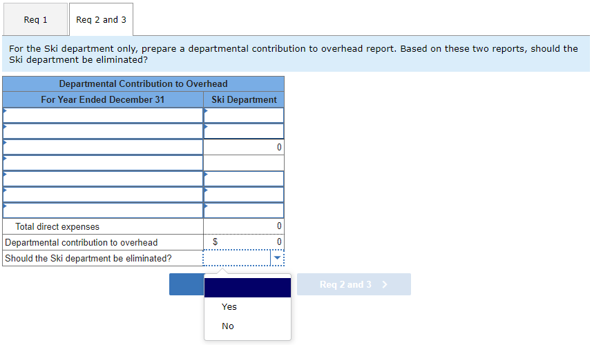 Req 1
Req 2 and 3
For the Ski department only, prepare a departmental contribution to overhead report. Based on these two reports, should the
Ski department be eliminated?
Departmental Contribution to Overhead
For Year Ended December 31
Ski Department
Total direct expenses
Departmental contribution to overhead
Should the Ski department be eliminated?
Req 2 and 3 >
Yes
No
%24
