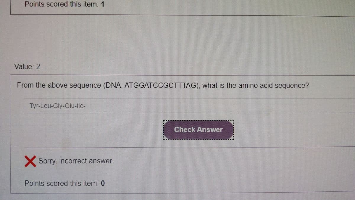 Points scored this item: 1
Value: 2
From the above sequence (DNA: ATGGATCCGCTTTAG), what is the amino acid sequence?
Tyr-Leu-Gly-Glu-lle-
Check Answer
X Sorry, incorrect answer.
Points scored this item: 0
