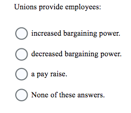 Unions provide employees:
increased bargaining power.
O decreased bargaining power.
a pay raise.
O None of these answers.