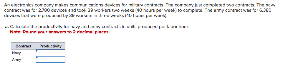 An electronics company makes communications devices for military contracts. The company just completed two contracts. The navy
contract was for 2,780 devices and took 29 workers two weeks (40 hours per week) to complete. The army contract was for 6,380
devices that were produced by 39 workers in three weeks (40 hours per week).
a. Calculate the productivity for navy and army contracts in units produced per labor hour.
Note: Round your answers to 2 decimal places.
Contract
Navy
Army
Productivity