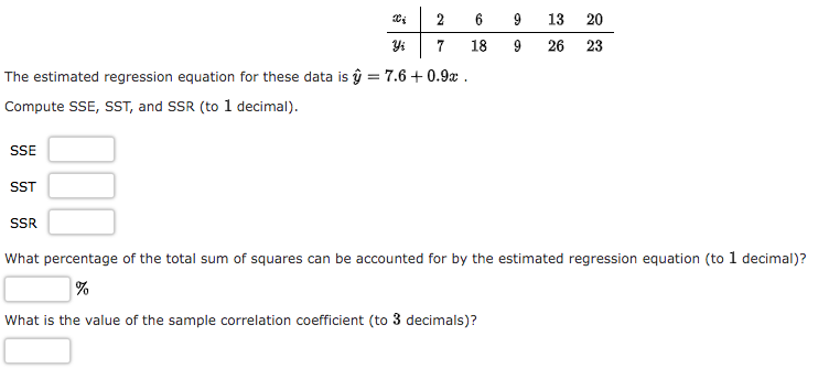 SSE
SST
X₂
The estimated regression equation for these data is ŷ = 7.6 +0.9x.
Compute SSE, SST, and SSR (to 1 decimal).
SSR
2
7
6
18
9 13 20
9 26 23
What percentage of the total sum of squares can be accounted for by the estimated regression equation (to 1 decimal)?
%
What is the value of the sample correlation coefficient (to 3 decimals)?