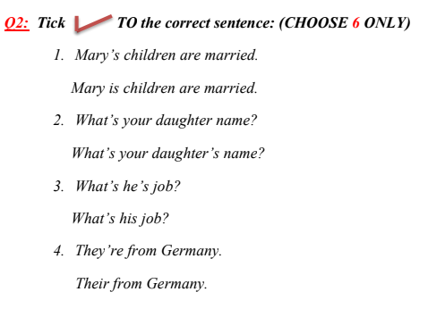 02: Tick L
TO the correct sentence: (CHOOSE 6 ONLY)
1. Mary's children are married.
Mary is children are married.
2. What's your daughter name?
What's your daughter's name?
3. What's he's job?
What's his job?
4. They're from Germany.
Their from Germany.

