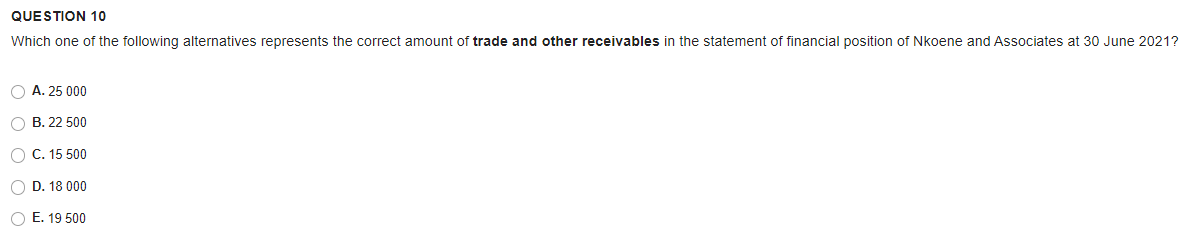 QUESTION 10
Which one of the following alternatives represents the correct amount of trade and other receivables in the statement of financial position of Nkoene and Associates at 30 June 2021?
O A. 25 000
O B. 22 500
O C. 15 500
O D. 18 000
O E. 19 500
