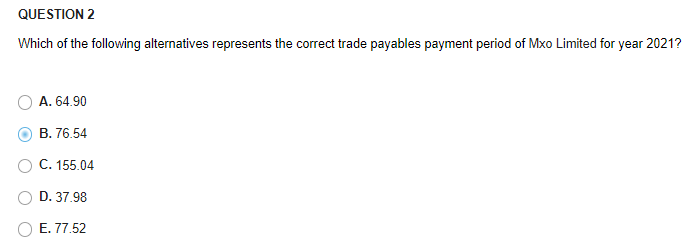 QUESTION 2
Which of the following alternatives represents the correct trade payables payment period of Mxo Limited for year 2021?
A. 64.90
B. 76.54
C. 155.04
D. 37.98
E. 77.52
