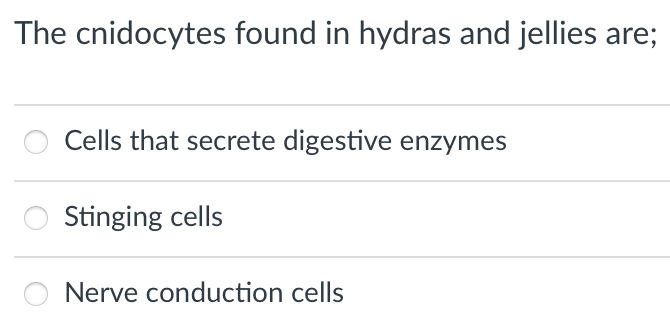 The cnidocytes found in hydras and jellies are;
Cells that secrete digestive enzymes
Stinging cells
Nerve conduction cells
