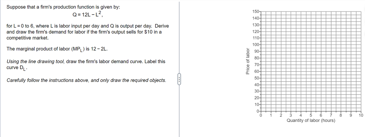 Suppose that a firm's production function is given by:
Q=12L-L²,
for L = 0 to 6, where L is labor input per day and Q is output per day. Derive
and draw the firm's demand for labor if the firm's output sells for $10 in a
competitive market.
The marginal product of labor (MPL) is 12 - 2L.
Using the line drawing tool, draw the firm's labor demand curve. Label this
curve DL.
Carefully follow the instructions above, and only draw the required objects.
C
Price of labor
150-
140-
130-
120-
110-
100-
90-
80-
70-
60-
50-
40-
30-
20-
10-
0-
1
-~
2
3 4 5 6 7
Quantity of labor (hours)
-∞
8
9
10