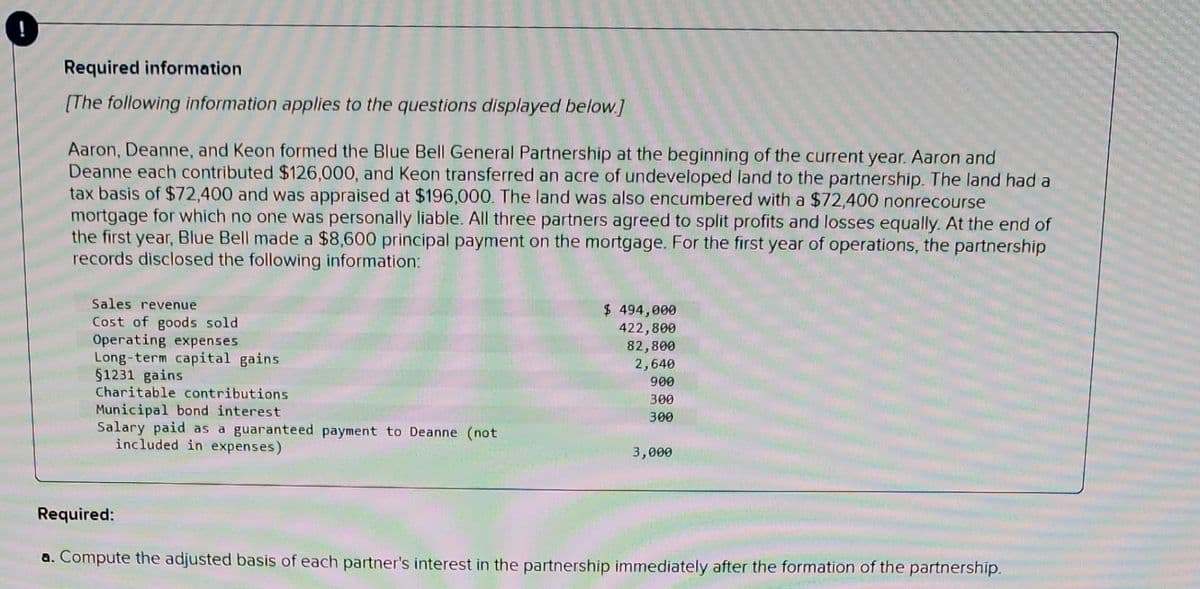 Required information
[The following information applies to the questions displayed below.]
Aaron, Deanne, and Keon formed the Blue Bell General Partnership at the beginning of the current year. Aaron and
Deanne each contributed $126,000, and Keon transferred an acre of undeveloped land to the partnership. The land had a
tax basis of $72,400 and was appraised at $196,000. The land was also encumbered with a $72,400 nonrecourse
mortgage for which no one was personally liable. All three partners agreed to split profits and losses equally. At the end of
the first year, Blue Bell made a $8,600 principal payment on the mortgage. For the first year of operations, the partnership
records disclosed the following information:
Sales revenue
Cost of goods sold
Operating expenses
Long-term capital gains
§1231 gains
Charitable contributions
Municipal bond interest
Salary paid as a guaranteed payment to Deanne (not
included in expenses)
Required:
$ 494,000
422,800
82,800
2,640
900
300
300
3,000
a. Compute the adjusted basis of each partner's interest in the partnership immediately after the formation of the partnership.