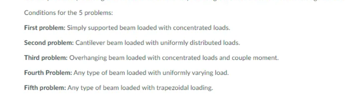 Conditions for the 5 problems:
First problem: Simply supported beam loaded with concentrated loads.
Second problem: Cantilever beam loaded with uniformly distributed loads.
Third problem: Overhanging beam loaded with concentrated loads and couple moment.
Fourth Problem: Any type of beam loaded with uniformly varying load.
Fifth problem: Any type of beam loaded with trapezoidal loading.
